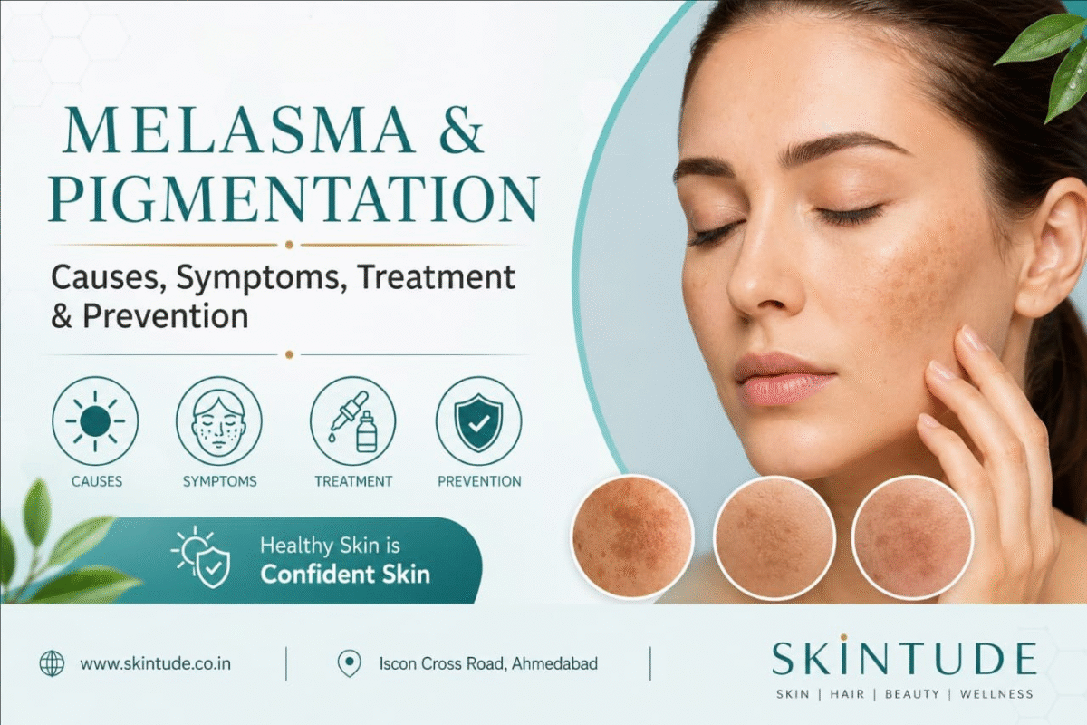 The pigmented area on the woman's face.