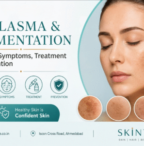 The pigmented area on the woman's face.